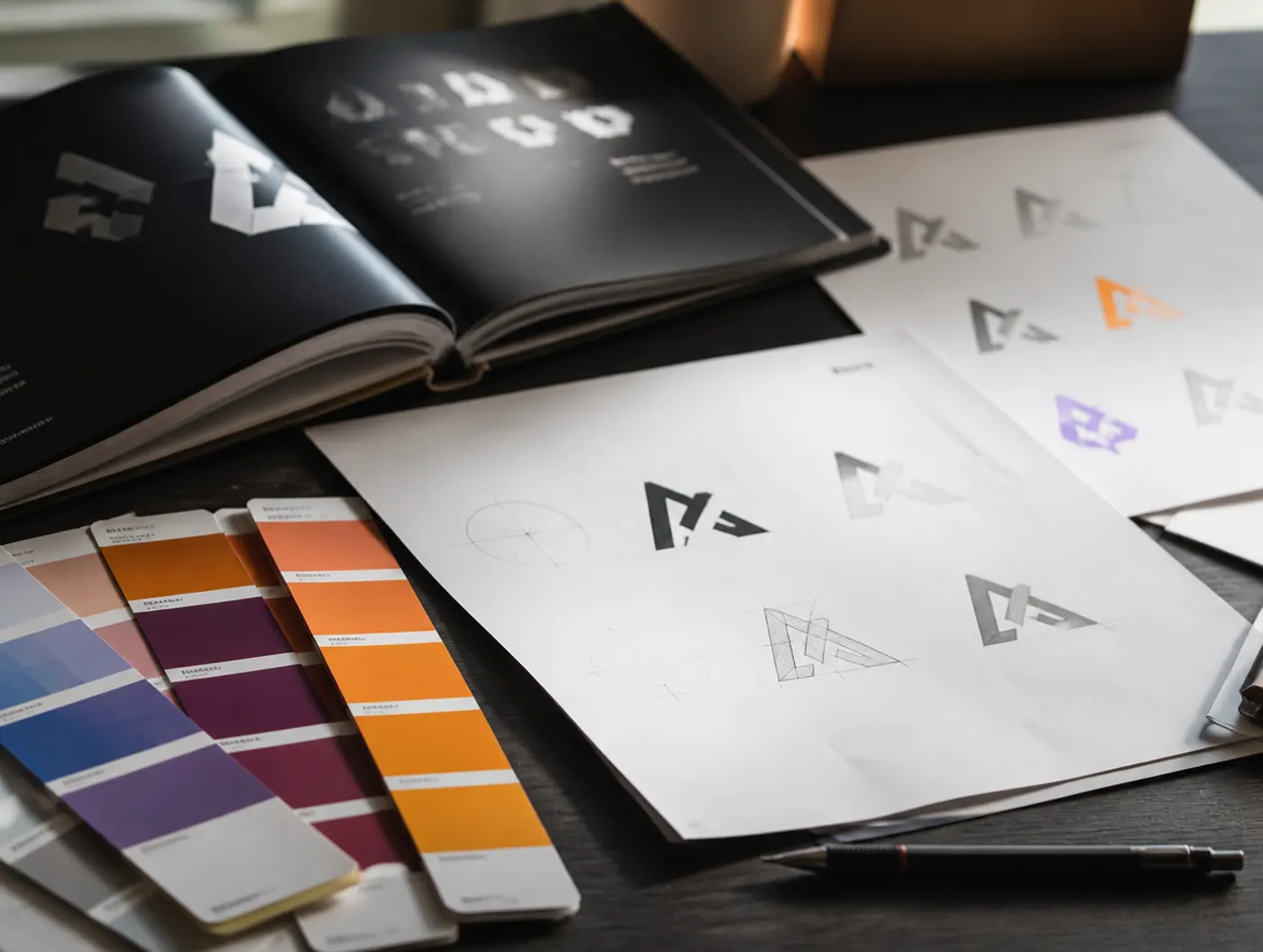 Logo explorations on a desk