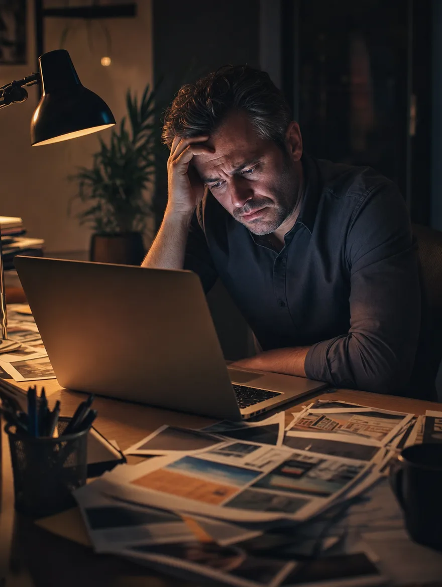 A business owner at his desk late at night, frustrated with his own website